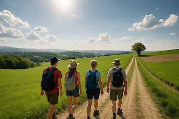 Wandergruppe auf Feldweg neben Wiesen